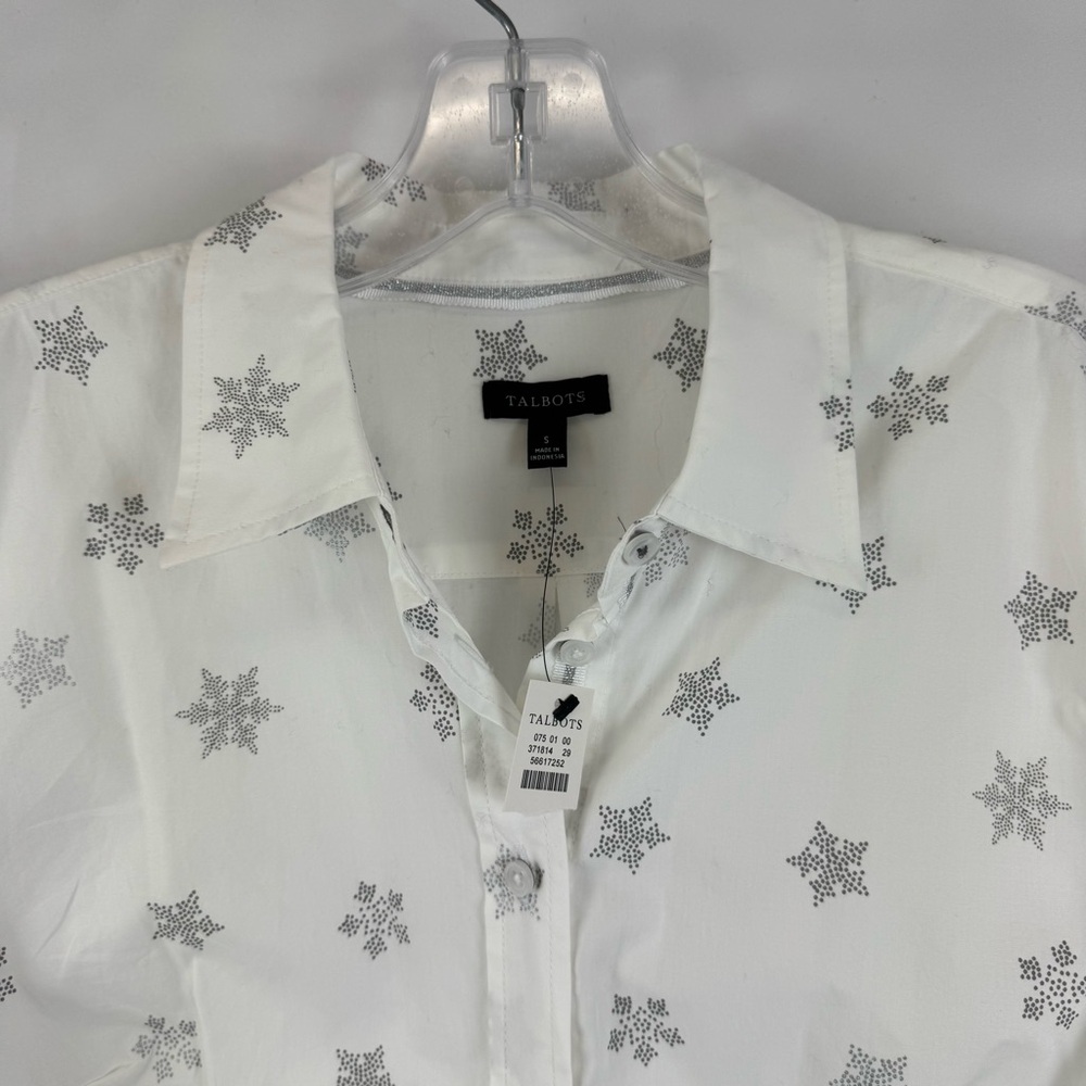 Talbots White Cotton Button Down Shirt Silver Snowflake Print Small NWT